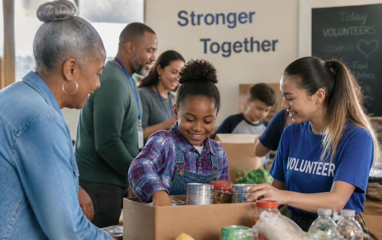 Volunteers and neighbours packing food parcels together at a community centre